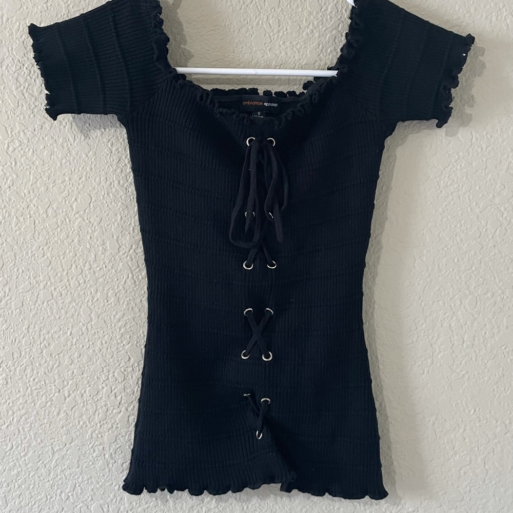 Black Ribbed Lace-Up Top - Picture 2 of 2